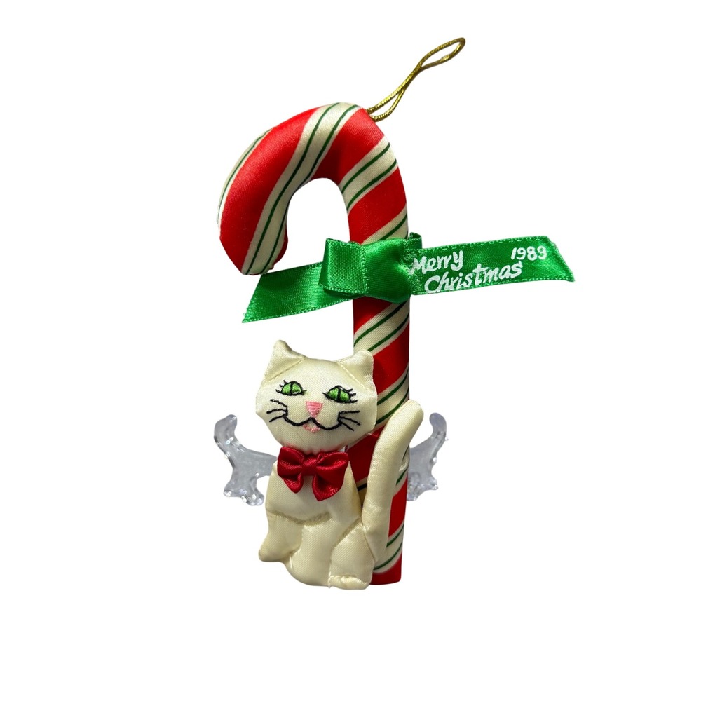 VTG 1989 Fancy Feast Merry Christmas Cat Ornament White Red Green Satin Russ